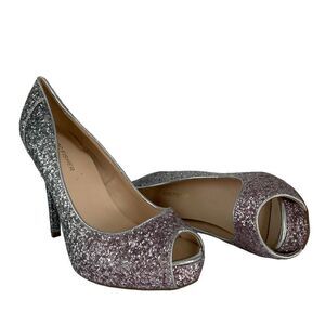 Marc Fisher Metallic Silver Glitter Peep Toe Platform Heel Shoe 9 Office Siren